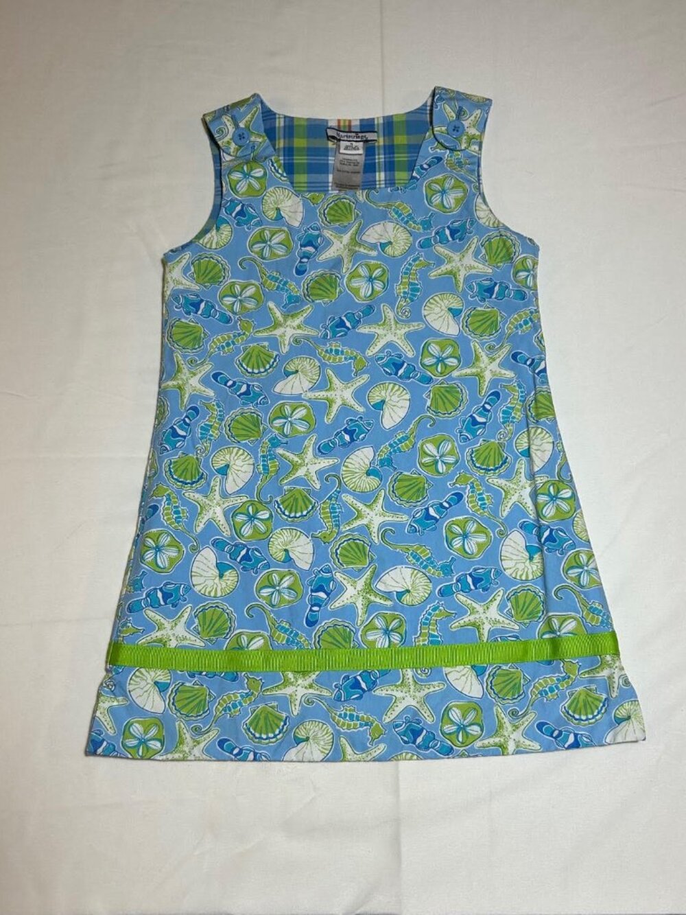 Hartstrings Girls 5 Sleeveless Reversible Dress Blue White Ocean Blue Plaid